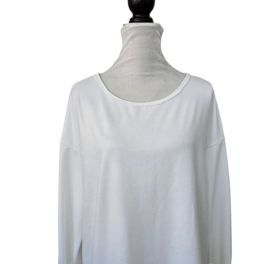 Women's White Long Sleeve Hi Lo Lace Trim Shirt Slits on Sides - Picture 3 of 11